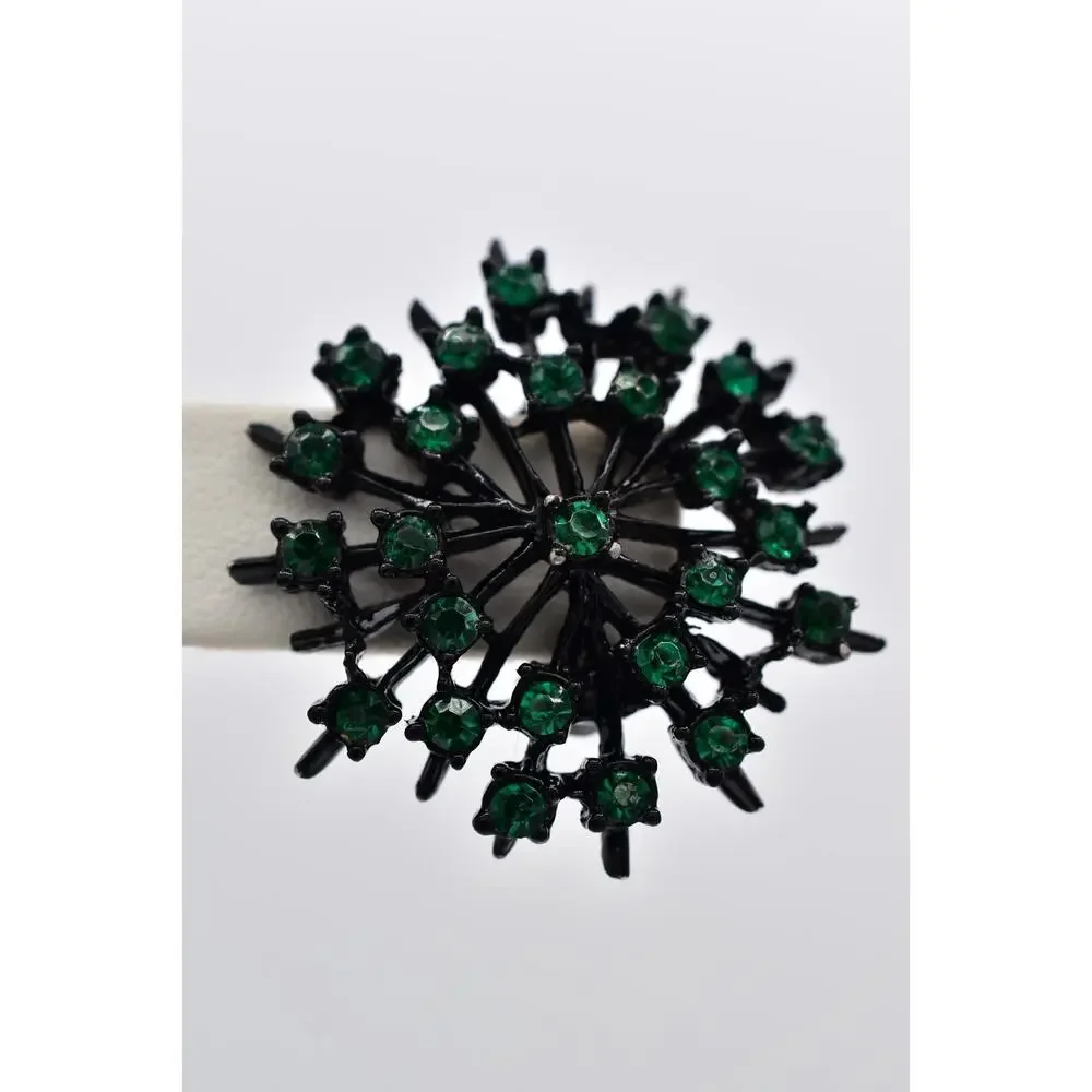 Vintage Crystal Clip On Earrings Starburst Green Rhinestone Black Metal BinBK